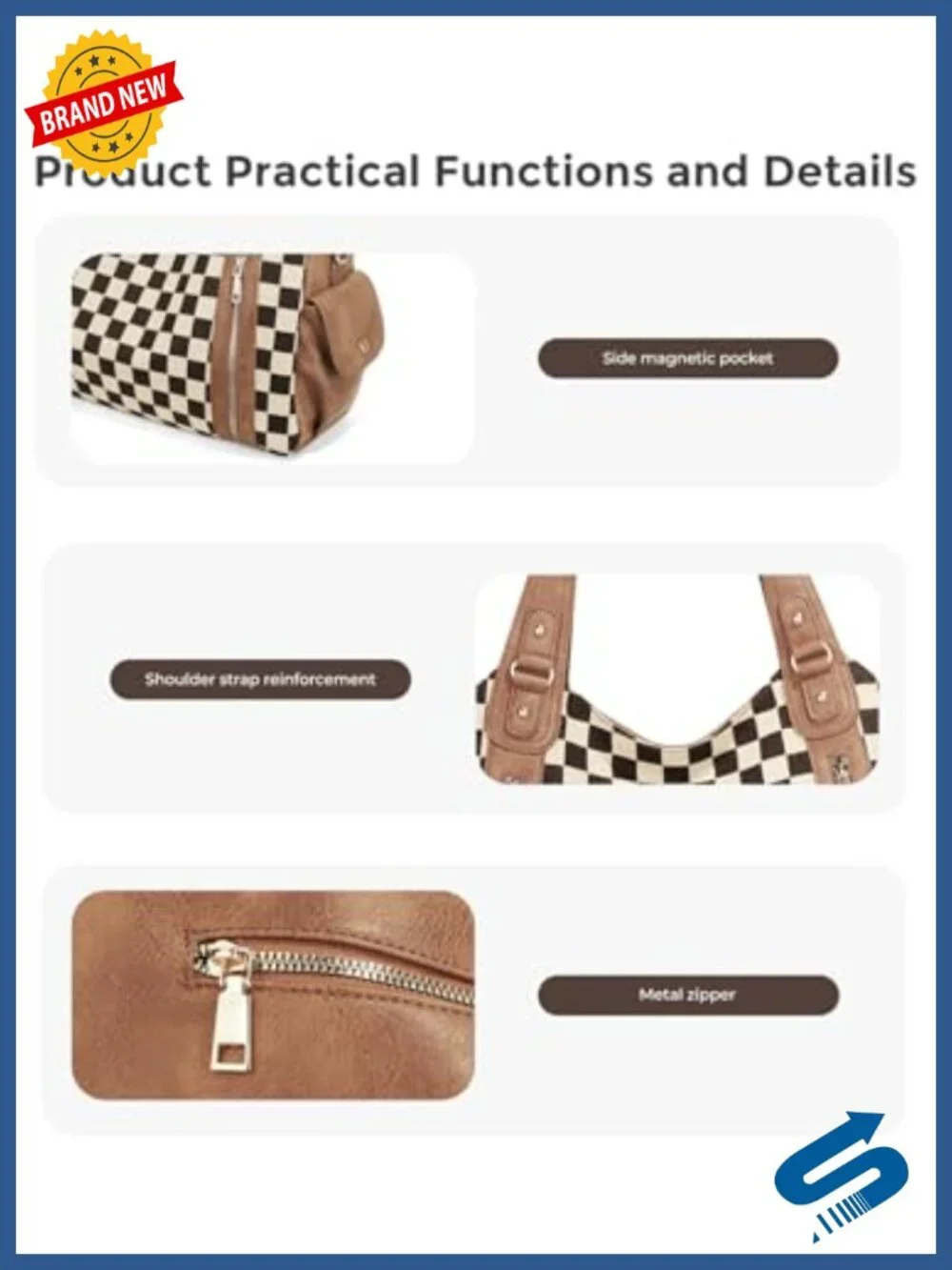 Checkered Hobo Tote Bag for Women PU Leather & Canvas Vintage Shoulder